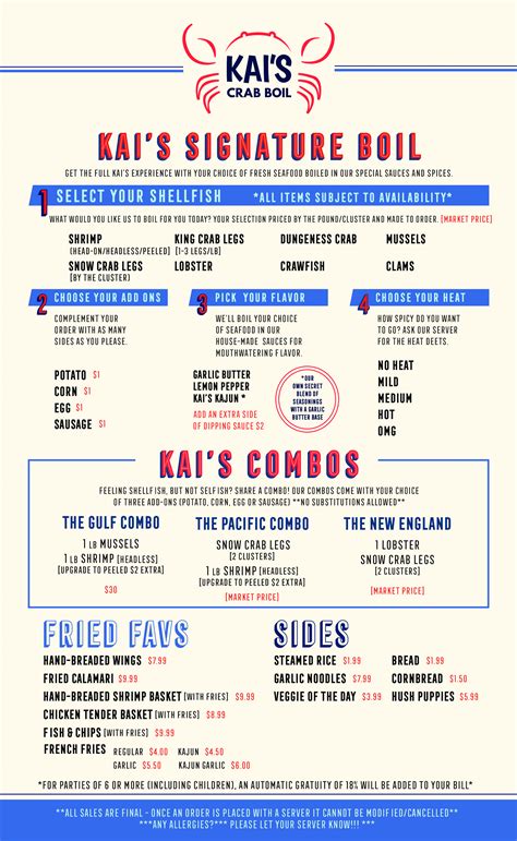 The seafood behemoth offers seating for up to 2,000 and serves a whopping million meals every year. . Kais crab boil menu